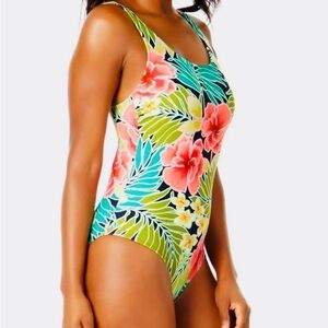 Hurley Floral One Piece Swimsuit - Green and Pink